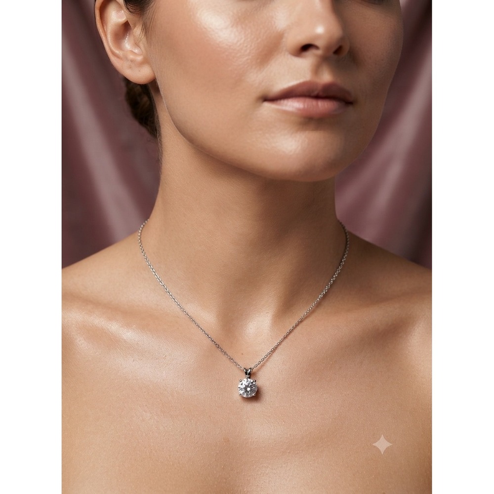 Silver Tone Round Cut Solitaire Pendant Necklace 18 Inch Cable Chain Minimalist